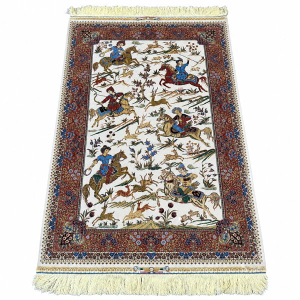 Tapis Persan Qom en Soie Naturelle – Scène de Chasse – 1,50 × 1,00 m