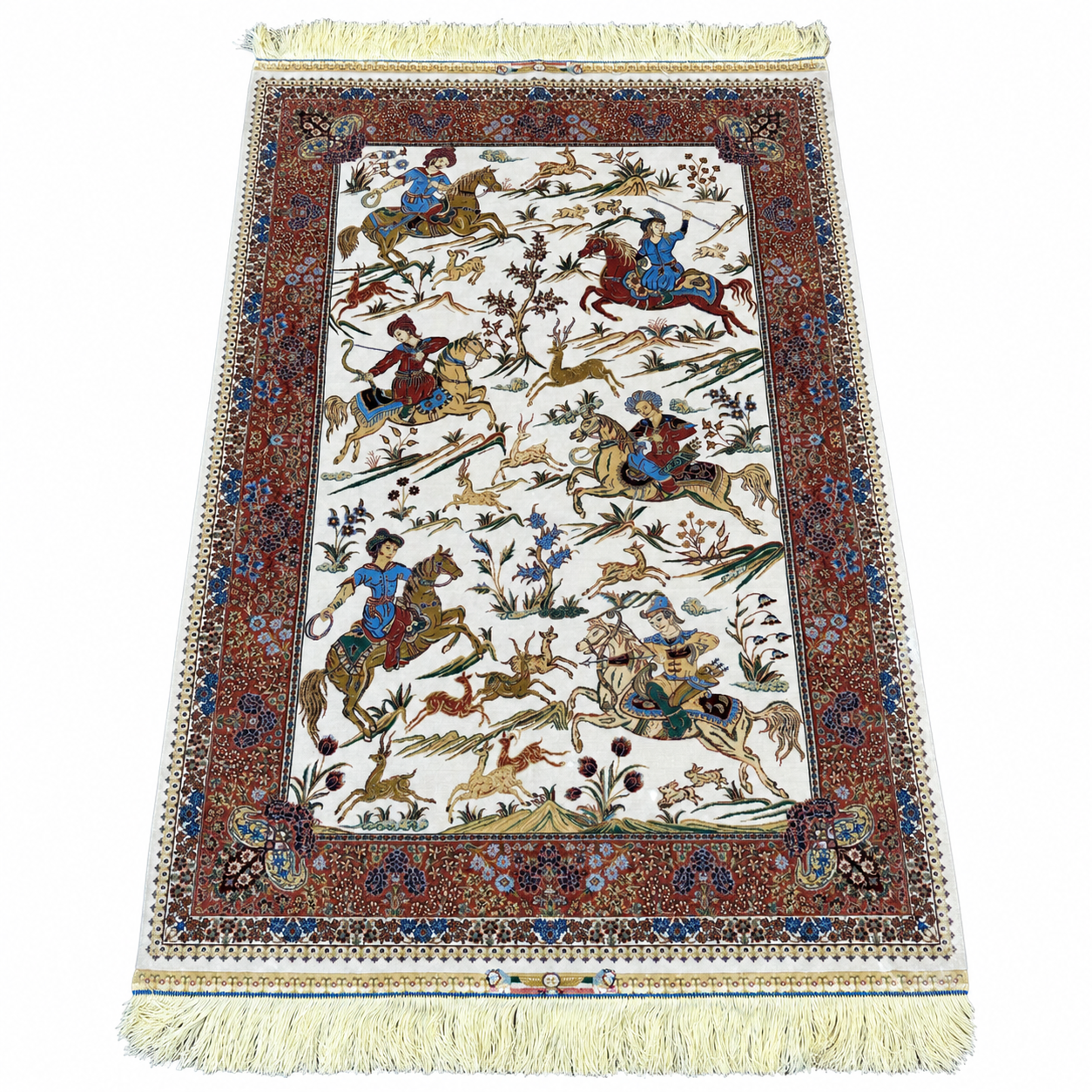 exec-14531a4d-86cd-4b76-ae50-973c7d5b777d Tapis Persan Qom en Soie Naturelle – Scène de Chasse – 1,50 × 1,00 m – Image 1